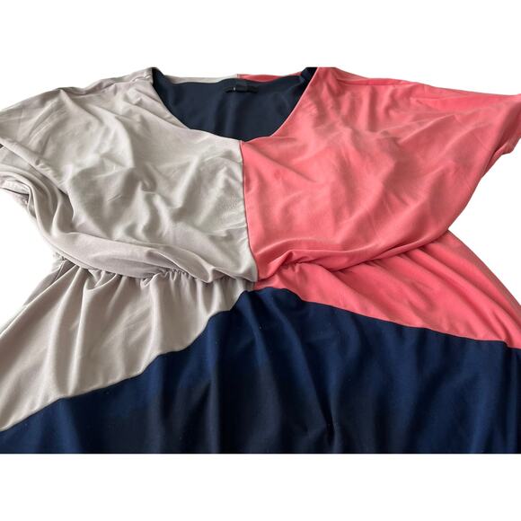 MSK MIDI BLOUSON DRESS, WOMENS, M, NAVY BLUE PEACH TAN, ELASTIC WAIST, V-NECK - Picture 2 of 10